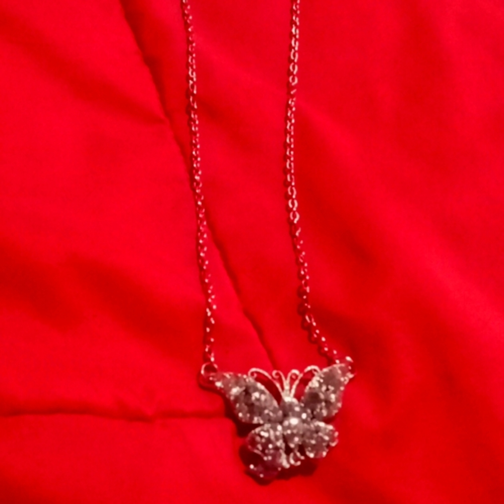 Rhinestone silver butterfly necklace
